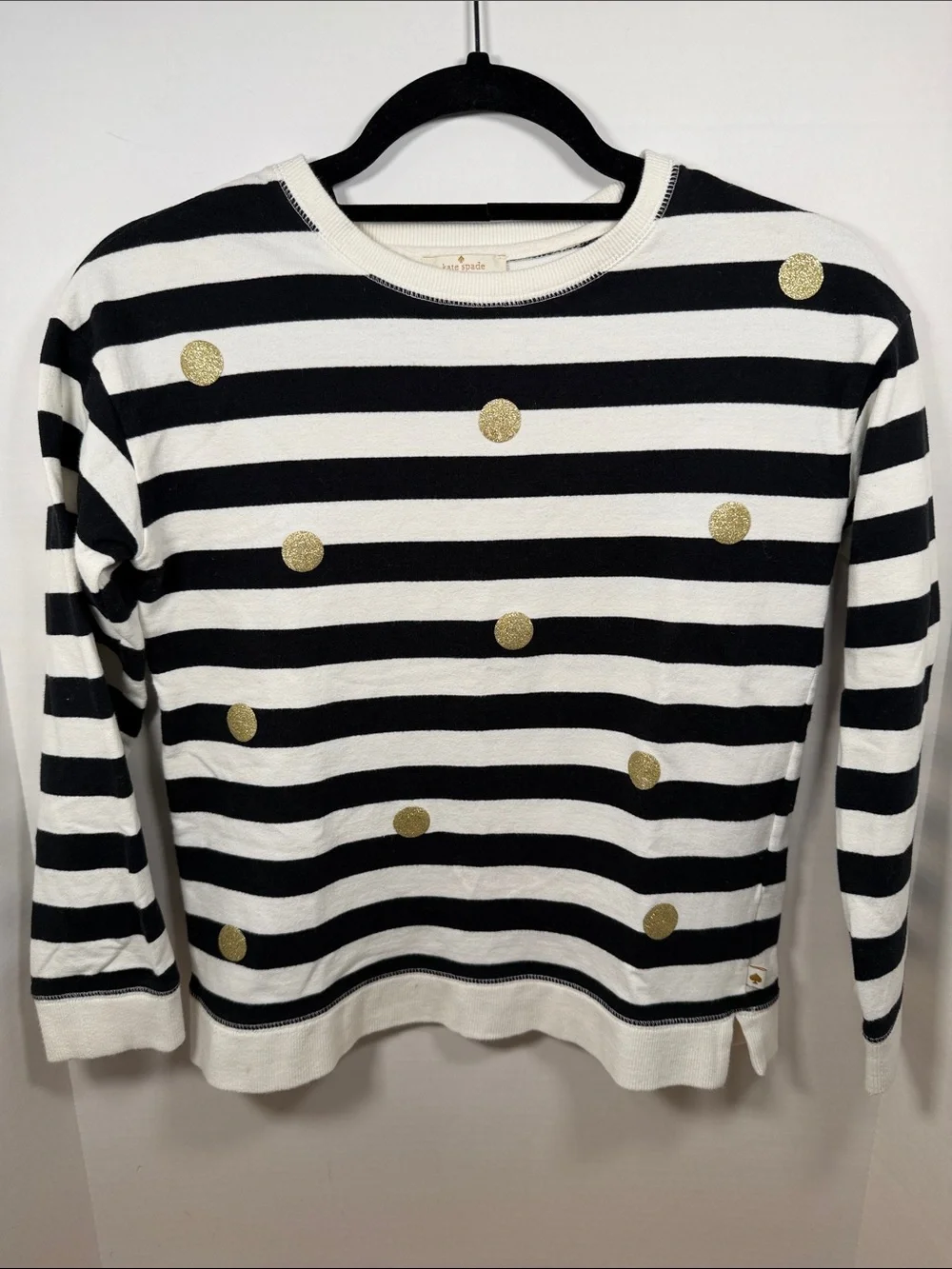 Kate Spade Girl’s Black and White Striped Crewneck with Gold Polka Dots